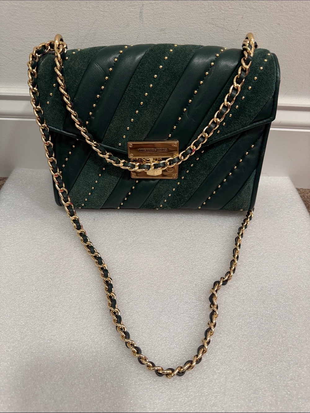 Michael Kors Rose Medium Flap Shoulder Bag in Racing Green quilted suede